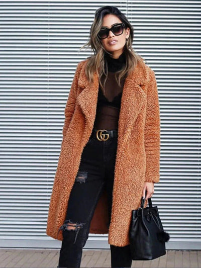 Women’s Teddy Coat – Oversized Fit – Long Length – Soft Textured – Lapel Collar