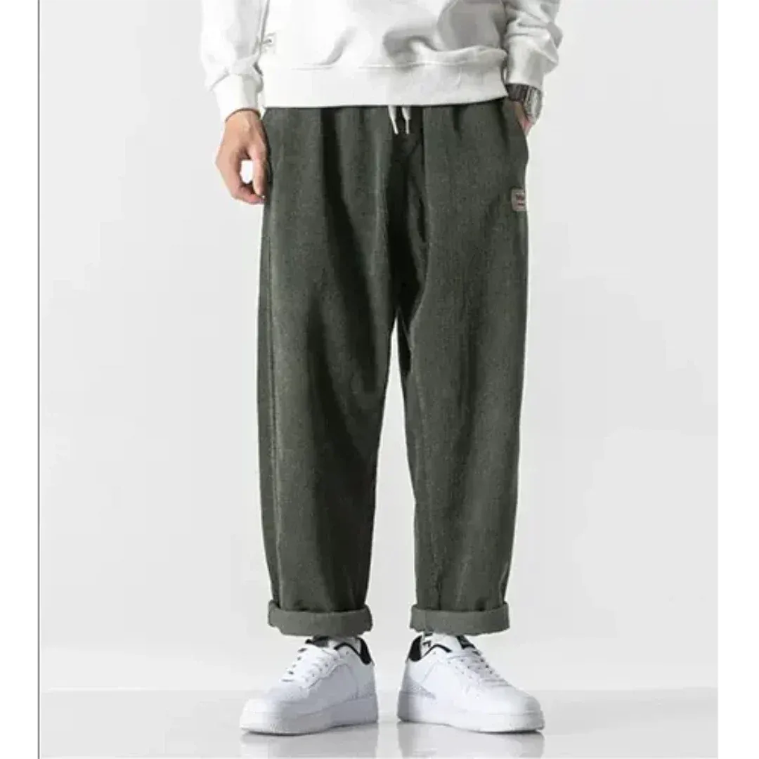 Men’s Corduroy Trousers – Oversized Fit – Ribbed Texture – Full Length – Cuffed Hem