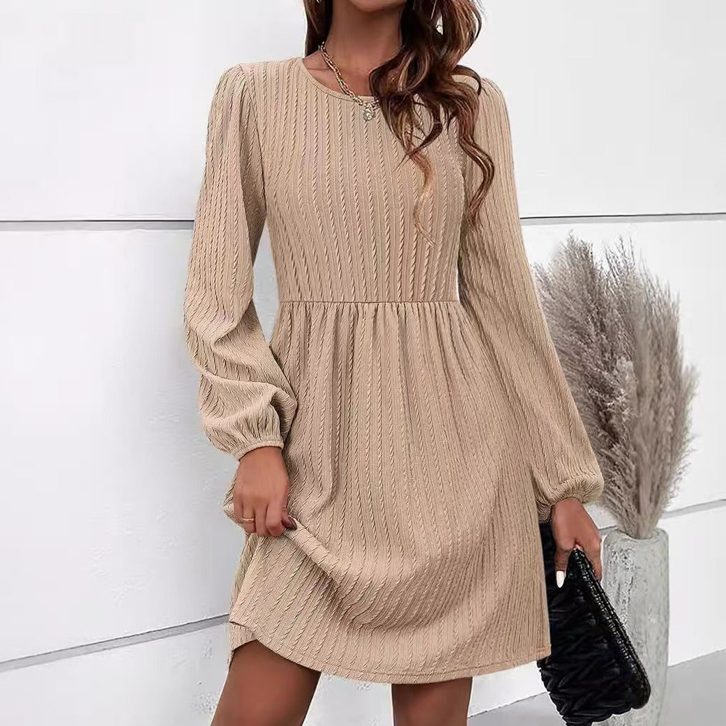 Women’s Knit Dress – Jacquard Texture – Fit and Flare – Puff Sleeve – Midi Length