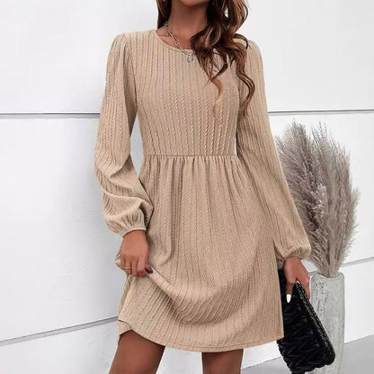 Women’s Knit Dress – Jacquard Texture – Fit and Flare – Puff Sleeve – Midi Length