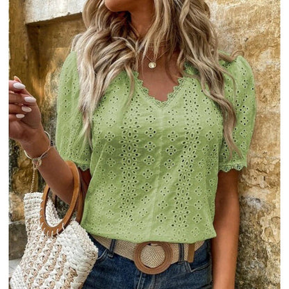 Women’s Short Sleeve Shirt – Relaxed Fit – Eyelet Cotton – Scalloped V-Neck – Puff Sleeves