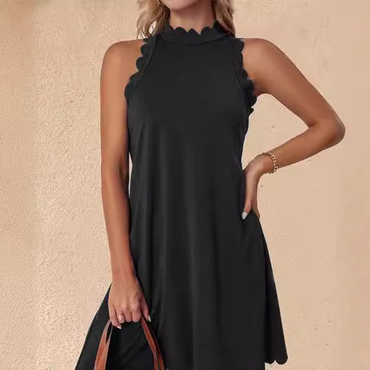 Women’s Mini Dress – A-Line Fit – Sleeveless High Neck – Ruffled Hem – Cotton