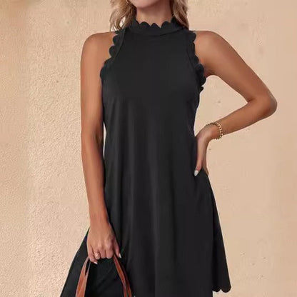 Women’s Mini Dress – A-Line Fit – Sleeveless High Neck – Ruffled Hem – Cotton