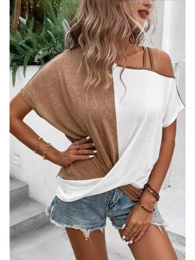 Women’s T-shirt – Relaxed Fit – Off Shoulder with Straps – Cotton – Colorblock Design