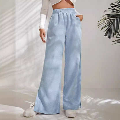 Women’s Wide-Leg Trousers – High Waist – Corduroy Texture – Split Hem – Elastic Waist