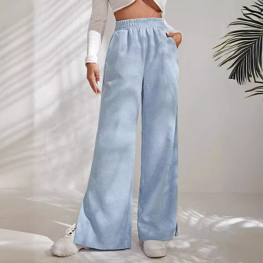 Women’s Wide-Leg Trousers – High Waist – Corduroy Texture – Split Hem – Elastic Waist