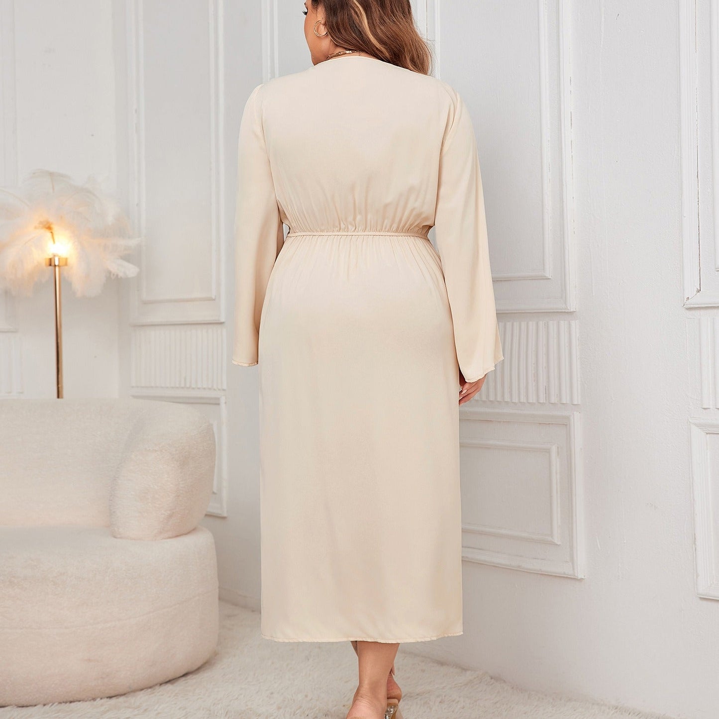 Women’s Midi Dress – Wrap Waist – V-Neck – Asymmetric Hem – Long Sleeve Elegant Fit