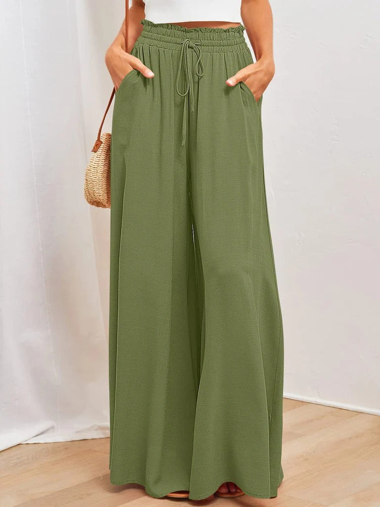 Women’s Relaxed Fit Pants – Wide Leg – Pleated Cotton Blend – Elastic Drawstring Waist