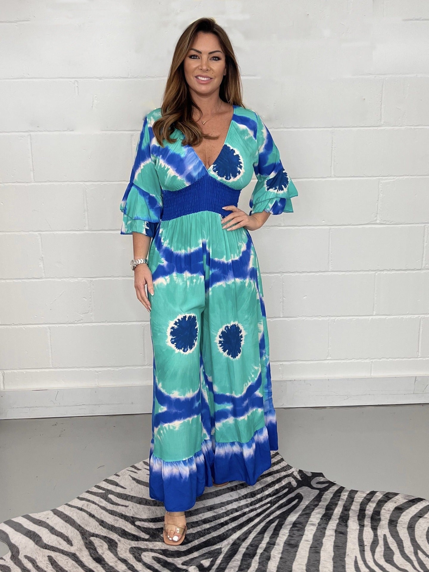 Women’s Jumpsuit – Tie-Dye Print – Flared Legs – Bell Sleeves – Relaxed Fit V-Neck
