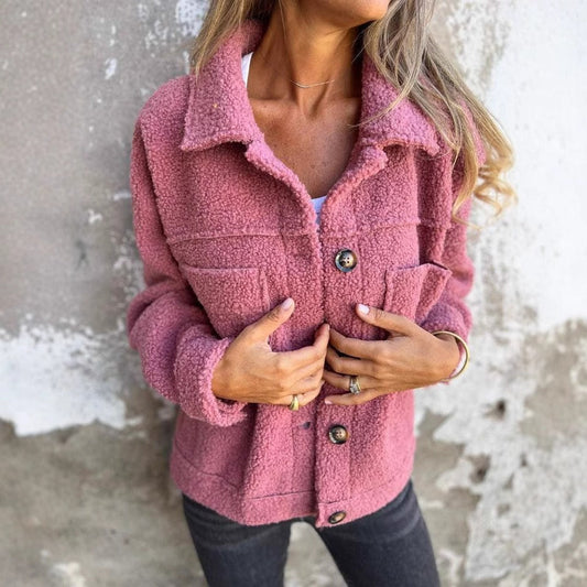 Women’s Shearling Jacket – Relaxed Fit – Wide Collar – Button Front – Patch Pockets