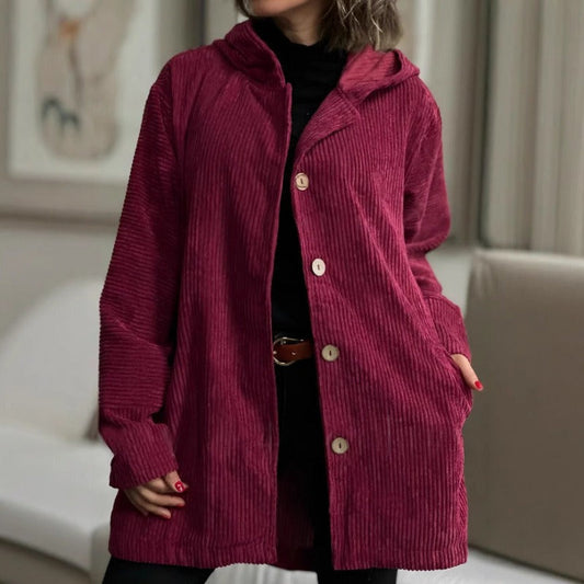 Women’s Hooded Jacket – Corduroy – Loose Fit – Button Front – Mid-Thigh Length