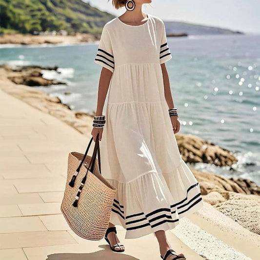 Women’s Long Dress – Loose Fit – Cotton – Tiered – Round Neck – Striped Hem