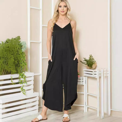 Women’s Jumpsuit – Cotton Blend – Loose Fit – Sleeveless V-Neck – Wide Leg – Pockets