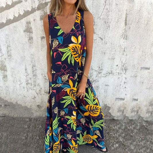 Women’s Sleeveless Dress – Relaxed Fit – Full Length – V-Neck – Leaf Pattern – Cotton
