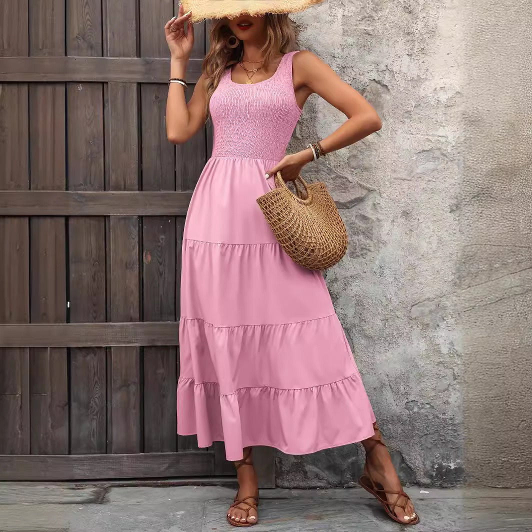 Women’s Suspender Dress – A-Line Fit – Smocked Bodice – Tiered Pleated Midi Skirt – Spaghetti Straps