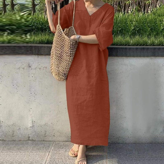 Women’s Maxi Dress – Relaxed Fit – Cotton Linen – V-Neck – Short Sleeve Casual Wear