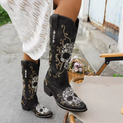 Women’s Cowboy Boots – Mid-Calf – Embroidered Skull – Chunky Heel – Pointed Toe
