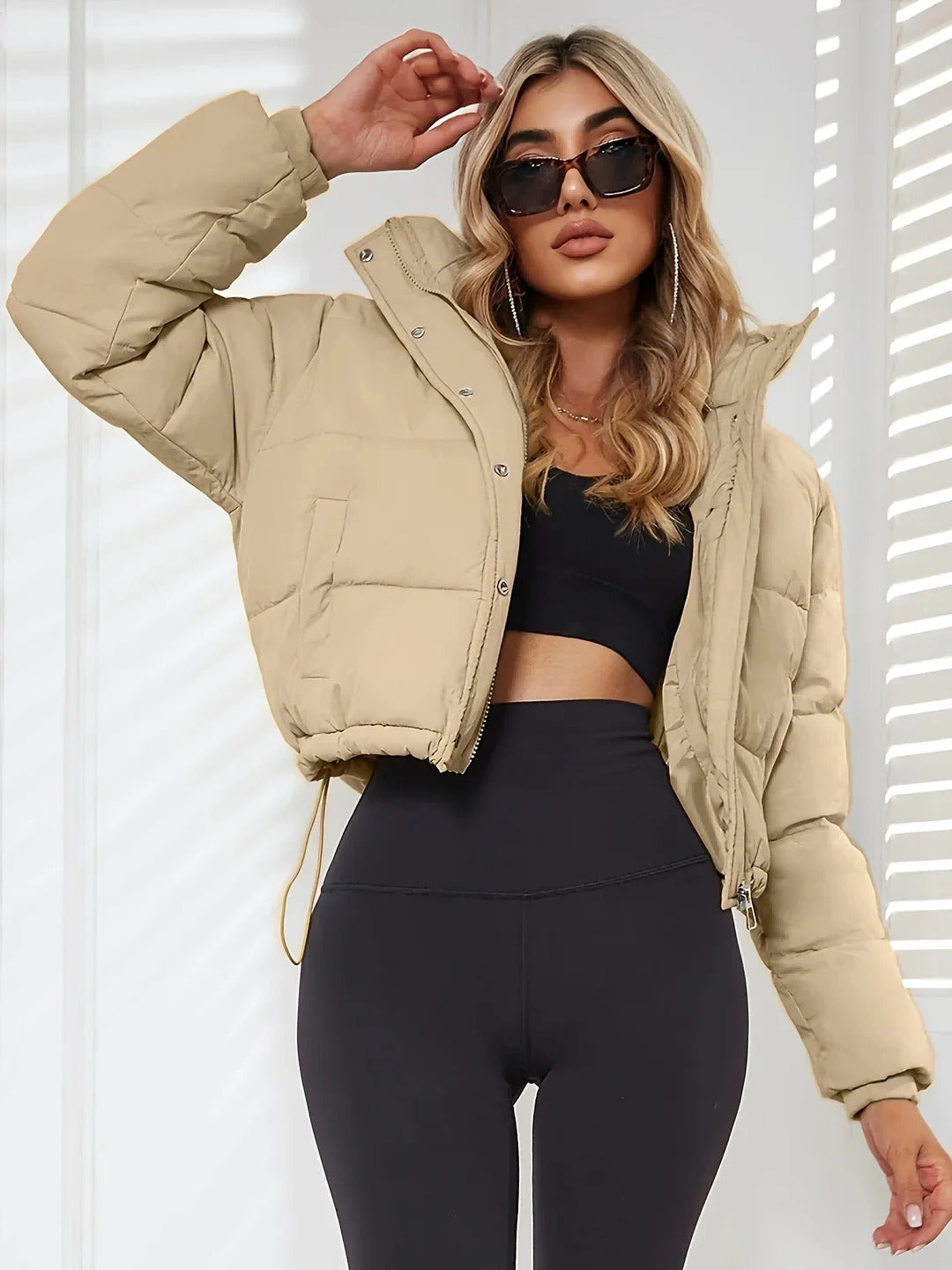 Women’s Puffer Jacket – Cropped Oversized Fit – Quilted Hooded with Drawstring Hem