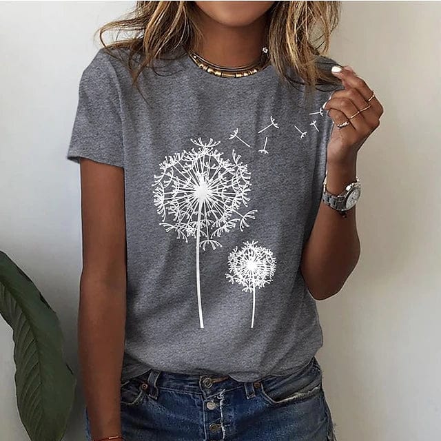 Women's Elegant Dandelion Print T-Shirt Cotton