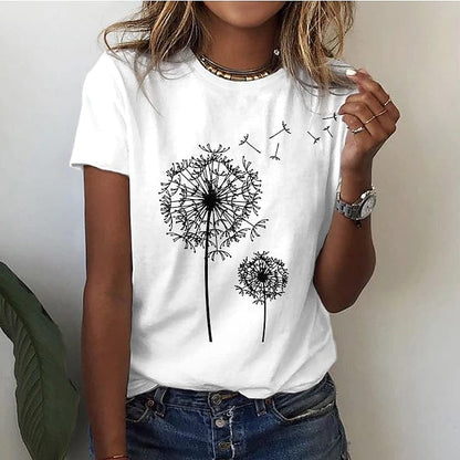 Women's Elegant Dandelion Print T-Shirt Cotton