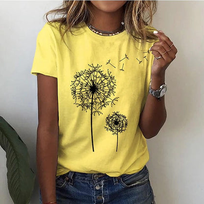 Women's Elegant Dandelion Print T-Shirt Cotton