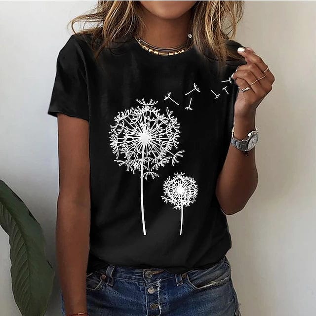 Women's Elegant Dandelion Print T-Shirt Cotton