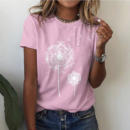 Women's Elegant Dandelion Print T-Shirt Cotton