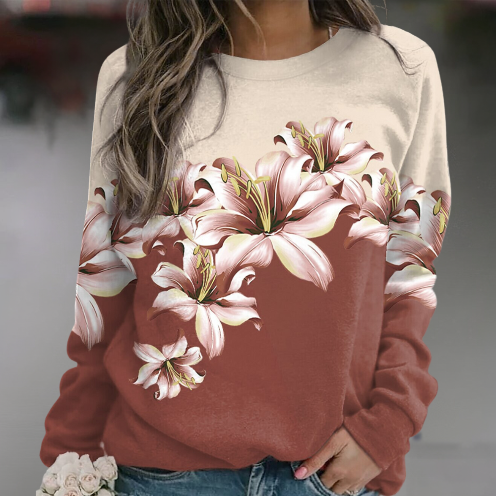 Women's Sweatshirt - Soft Breathable Fabric - Relaxed Fit - Floral Print - Long Sleeve