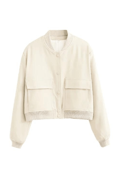 Women's Cropped Varsity Jacket - Classic Button-Up - Ribbed Collar & Cuffs - Casual Fit
