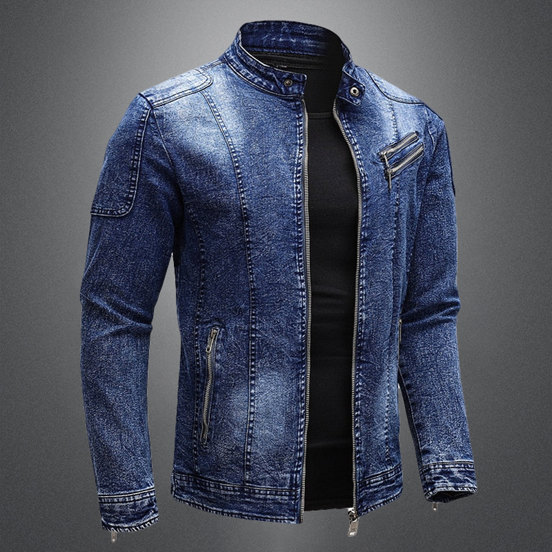 Retro standing collar zipper closure denim jacket