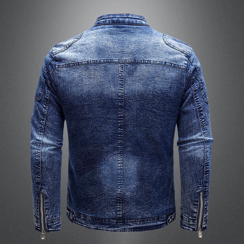 Retro standing collar zipper closure denim jacket