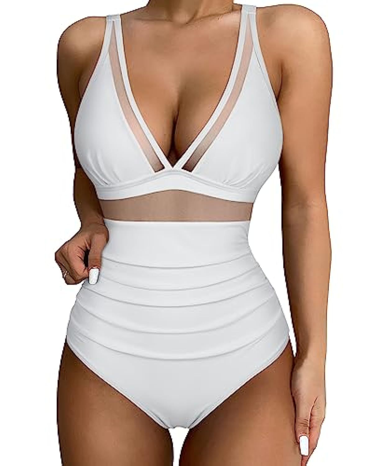 Women’s Swimsuit – Fitted One-Piece – Plunging Neckline – Mesh Panels – High-Cut Leg