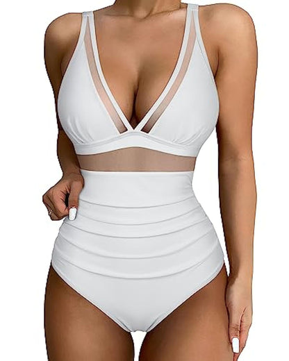 Women’s Swimsuit – Fitted One-Piece – Plunging Neckline – Mesh Panels – High-Cut Leg