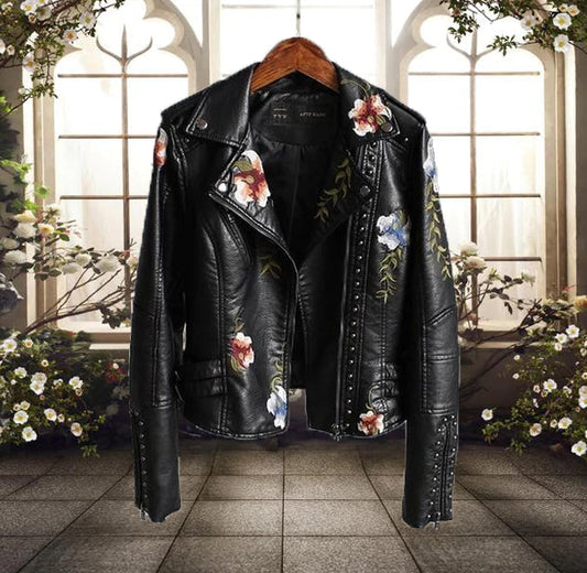 Women's motorcycle jacket with floral print