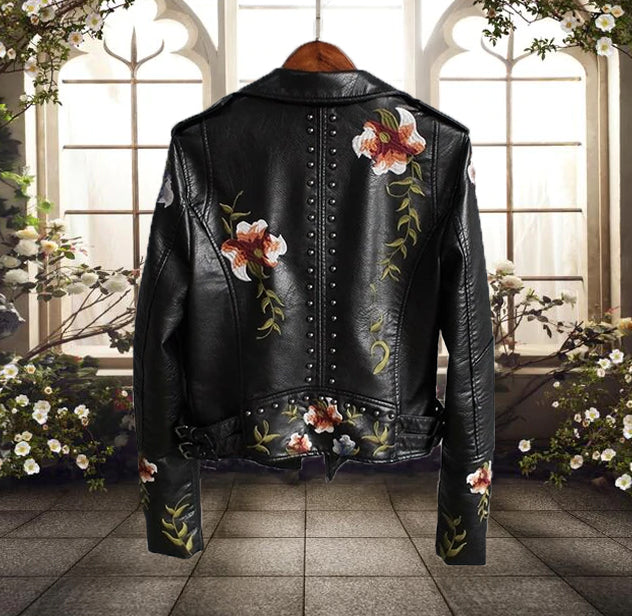 Women's motorcycle jacket with floral print