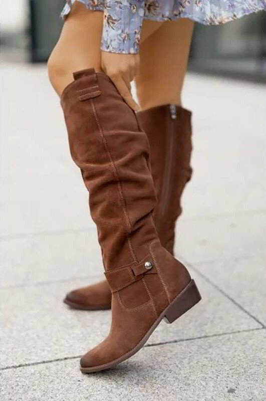 Women’s Knee-High Boots – Suede Finish – Low Heel – Round Toe – Side Zip – Buckle Detail