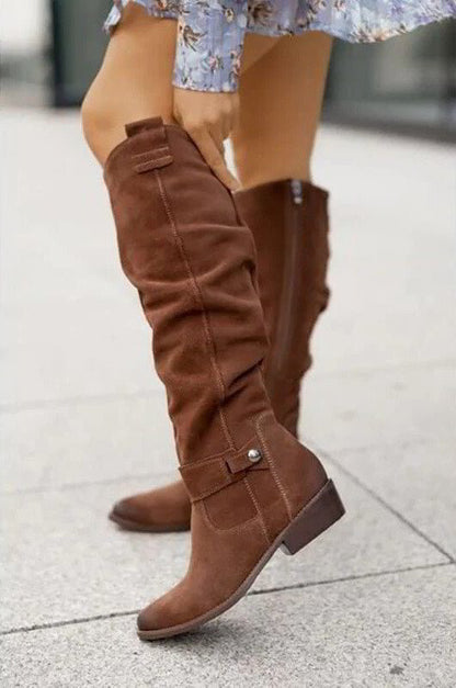 Women’s Knee-High Boots – Suede Finish – Low Heel – Round Toe – Side Zip – Buckle Detail