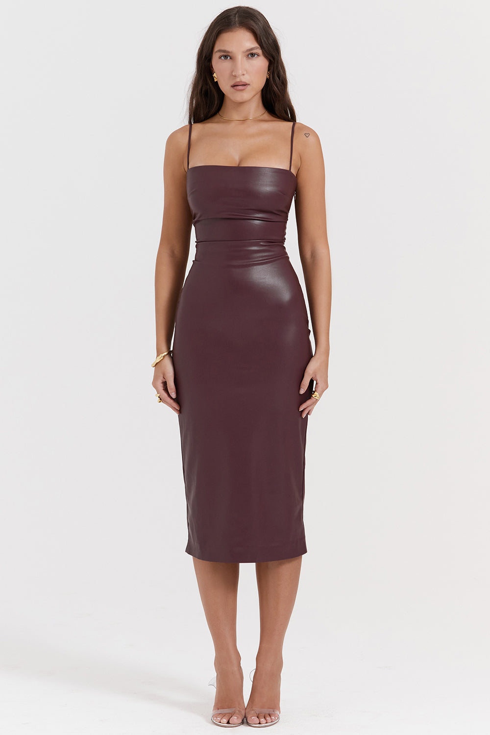 Women’s Strapless Leather Dress – Slim Fit – Spaghetti Straps – Midi Length – Elegant
