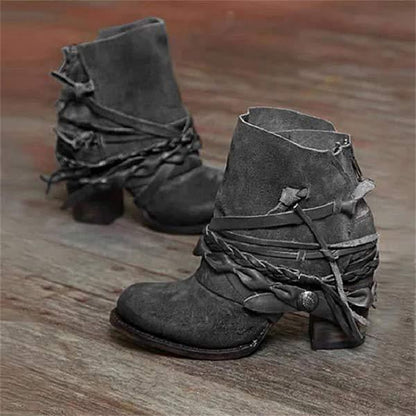 Women’s Ankle Boots – Leather Western Style – Block Heel – Strap Detail – Round Toe