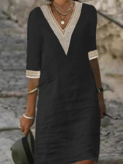 Women's Casual Dress - V-Neck Lace Trim - Relaxed Fit 3/4 Sleeve