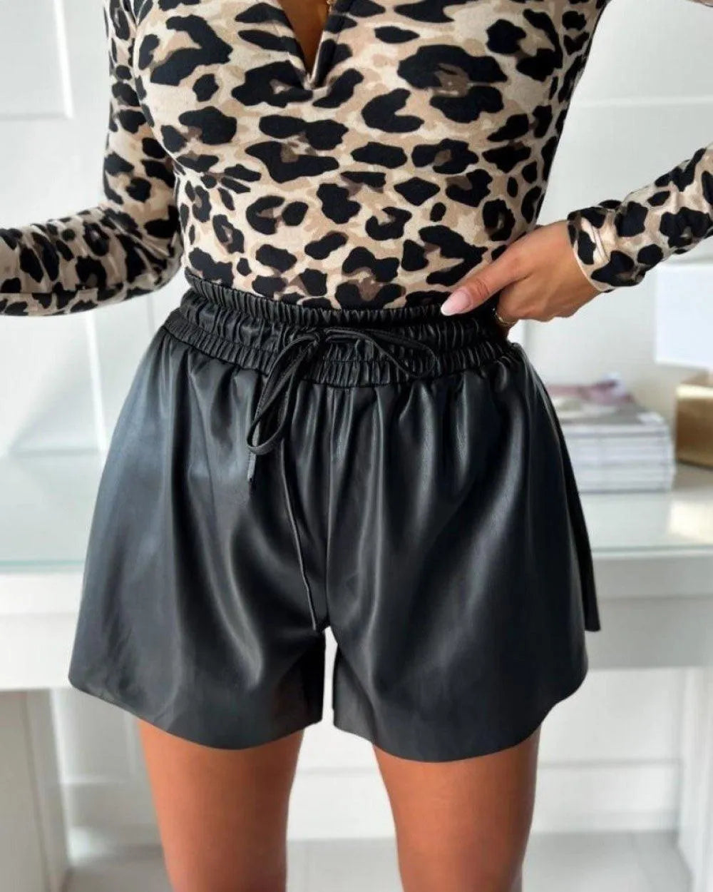 Women's Shorts - Faux Leather - High Waist Elastic Drawstring - Relaxed Fit