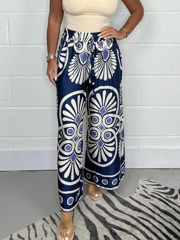 Women's Palazzo Pants - Wide Leg - Elastic Waist Drawstring - Geometric Print - Flowing Fit