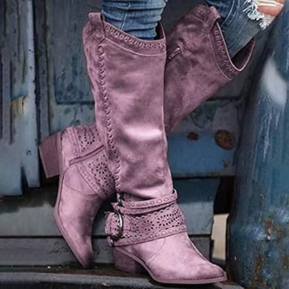 Women’s Tall Boots – Suede-Like Finish – Embroidered Shaft – Buckle Strap Decor