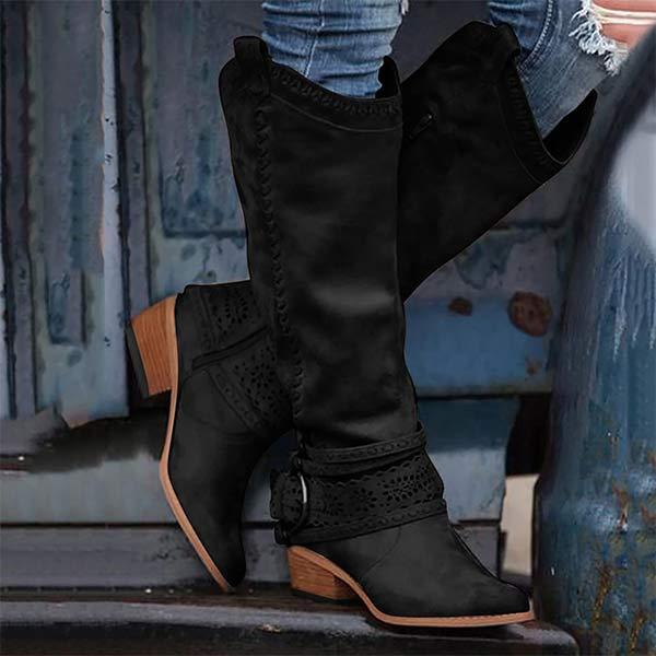 Women’s Tall Boots – Suede-Like Finish – Embroidered Shaft – Buckle Strap Decor