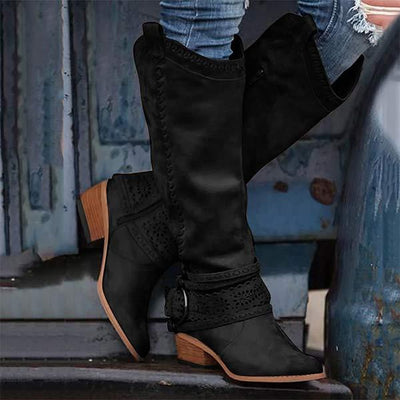Women’s Tall Boots – Suede-Like Finish – Embroidered Shaft – Buckle Strap Decor