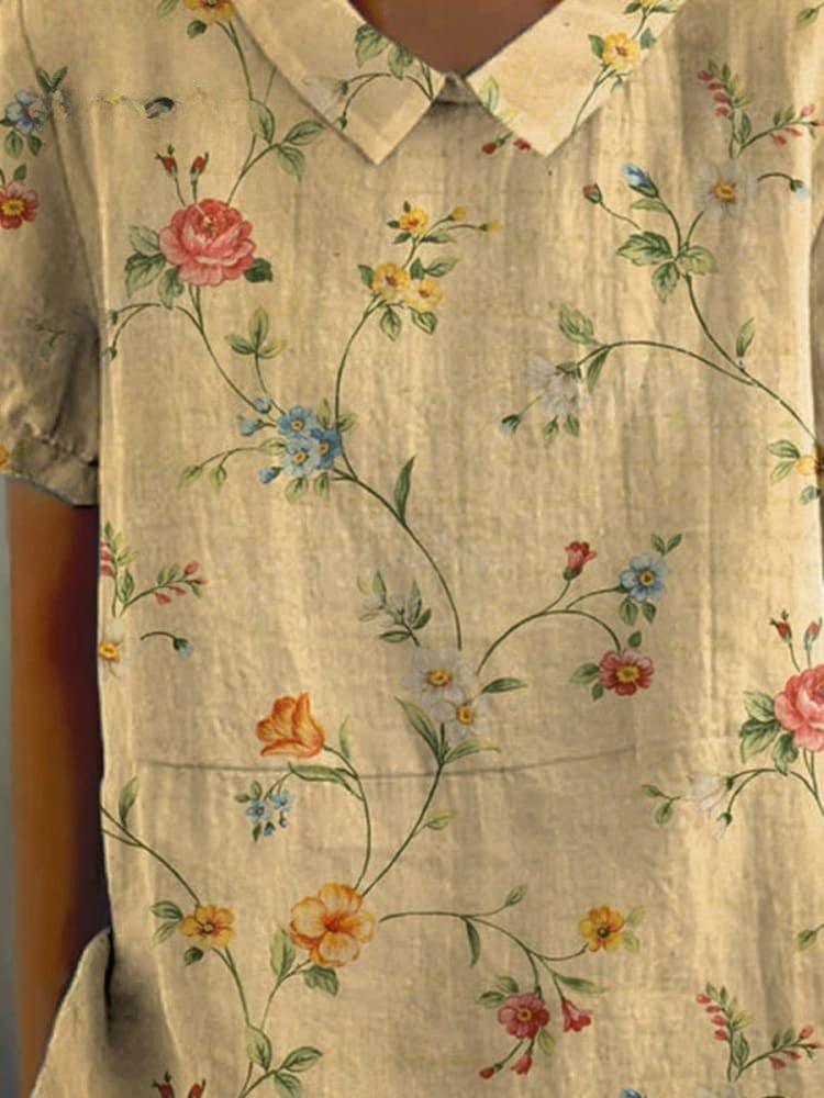 Women's Cotton-Linen Retro Floral Print Shirt