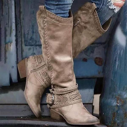 Women’s Tall Boots – Suede-Like Finish – Embroidered Shaft – Buckle Strap Decor