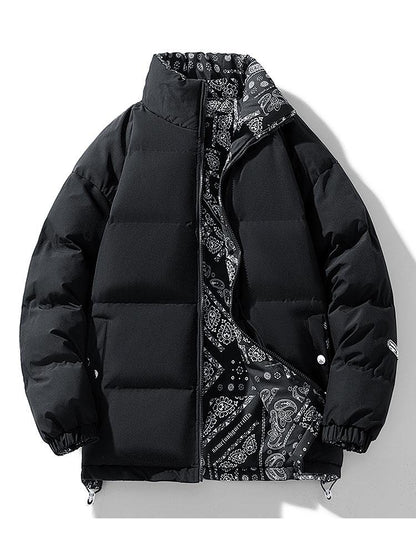 Men's loose fitting puffer jacket with stand up collar