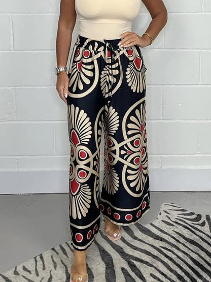 Women's Palazzo Pants - Wide Leg - Elastic Waist Drawstring - Geometric Print - Flowing Fit