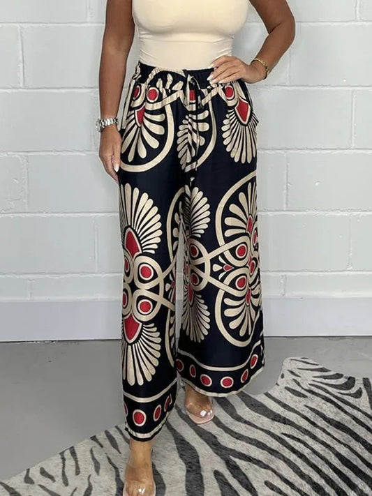 Women's Palazzo Trousers - Wide Leg - Elastic Drawstring Waist - Lightweight Flowing Fit